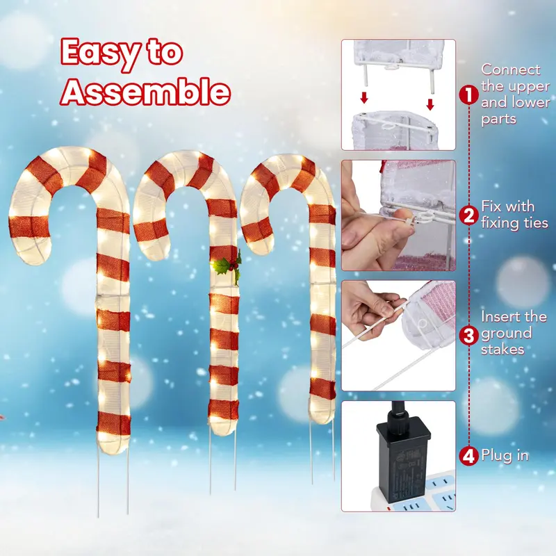 GoPlus beleuchtete Zuckerstangen, Set mit 3 weihnachtlichen Lametta-Zuckerstangen-Dekorationen mit 75 warmweißen LED-Leuchten