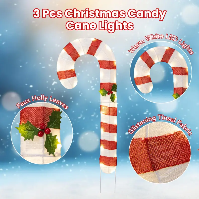 GoPlus beleuchtete Zuckerstangen, Set mit 3 weihnachtlichen Lametta-Zuckerstangen-Dekorationen mit 75 warmweißen LED-Leuchten