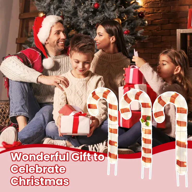 GoPlus beleuchtete Zuckerstangen, Set mit 3 weihnachtlichen Lametta-Zuckerstangen-Dekorationen mit 75 warmweißen LED-Leuchten