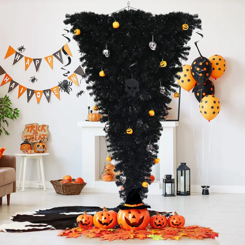 GoPlus beleuchteter schwarzer Halloween-Baum, künstlicher kopfstandartiger Weihnachtsbaum, klappbarer umgekehrter Weihnachtskieferbaum 2