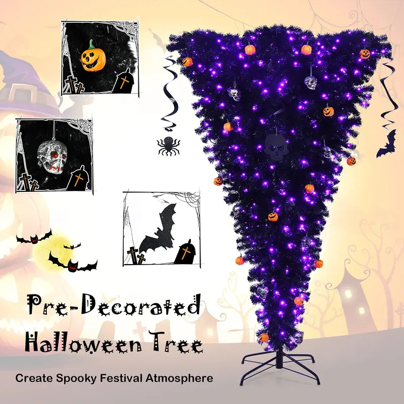 GoPlus beleuchteter schwarzer Halloween-Baum, künstlicher kopfstandartiger Weihnachtsbaum, klappbarer umgekehrter Weihnachtskieferbaum