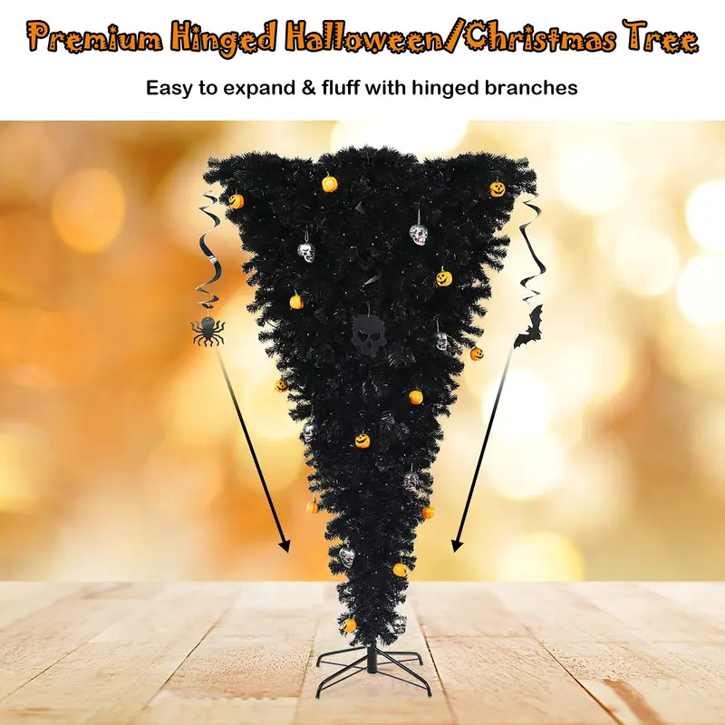 GoPlus beleuchteter schwarzer Halloween-Baum, künstlicher kopfstandartiger Weihnachtsbaum, klappbarer umgekehrter Weihnachtskieferbaum