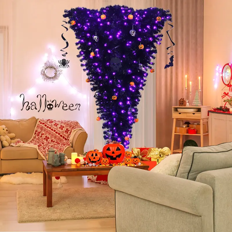GoPlus beleuchteter schwarzer Halloween-Baum, künstlicher kopfstandartiger Weihnachtsbaum, klappbarer umgekehrter Weihnachtskieferbaum