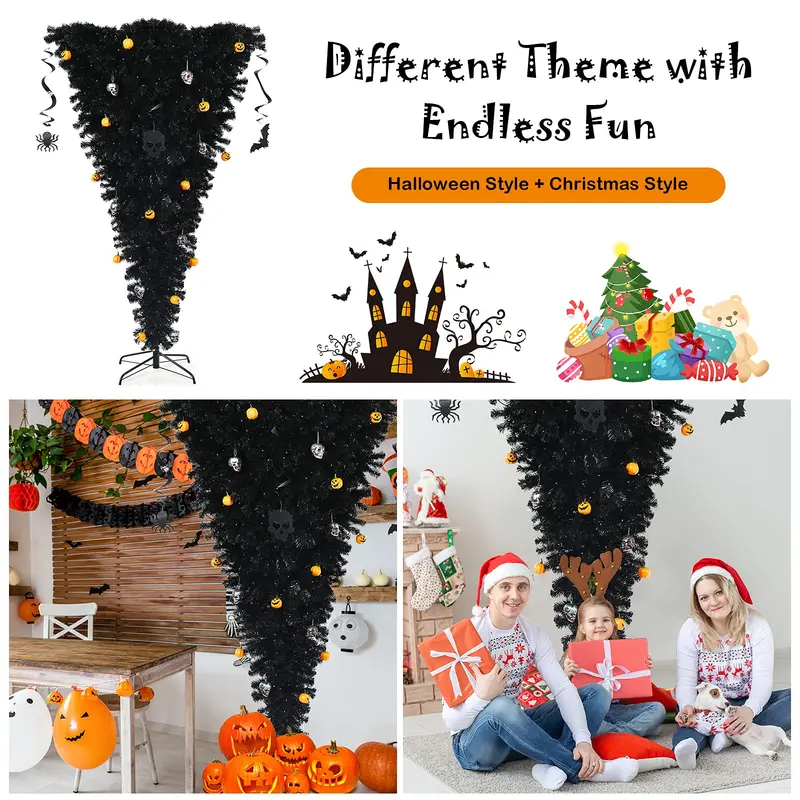 GoPlus beleuchteter schwarzer Halloween-Baum, künstlicher kopfstandartiger Weihnachtsbaum, klappbarer umgekehrter Weihnachtskieferbaum