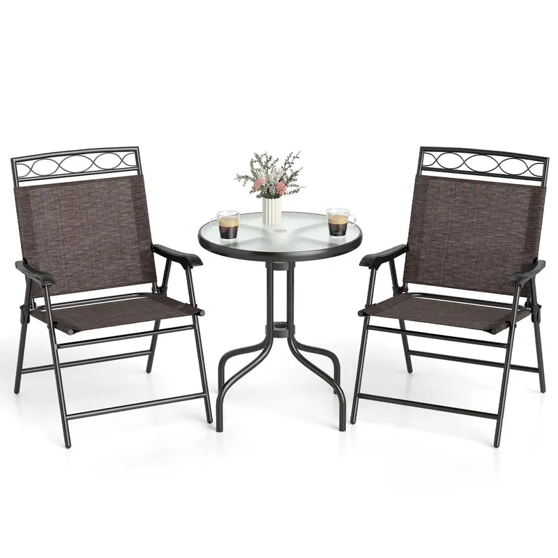 GoPlus Bistro-Tisch und Stühle Set (2 Stühle) – 3-teiliges Outdoor-Bistro-Set für die Terrasse mit 4 cm großem Sonnenschirmloch