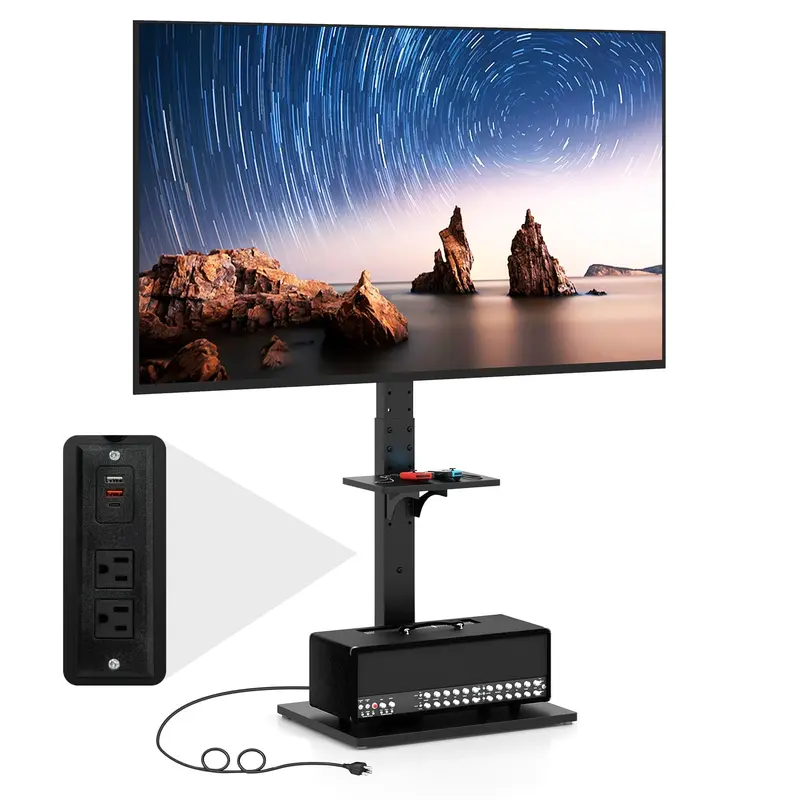 GoPlus Boden-TV-Ständer mit Steckdose, universeller TV-Ständer für 32–70-Zoll-Fernseher bis 50 kg, neig- und höhenverstellbar