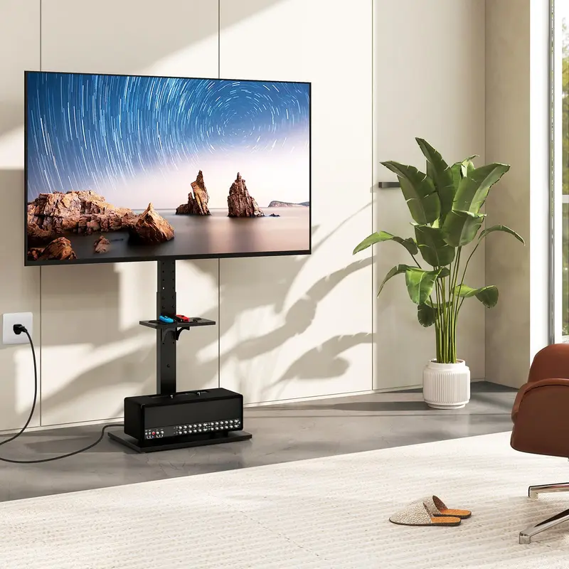 GoPlus Boden-TV-Ständer mit Steckdose, universeller TV-Ständer für 32–70-Zoll-Fernseher bis 50 kg, neig- und höhenverstellbar 2