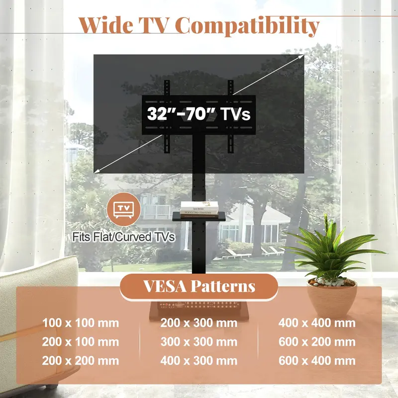GoPlus Boden-TV-Ständer mit Steckdose, universeller TV-Ständer für 32–70-Zoll-Fernseher bis 50 kg, neig- und höhenverstellbar