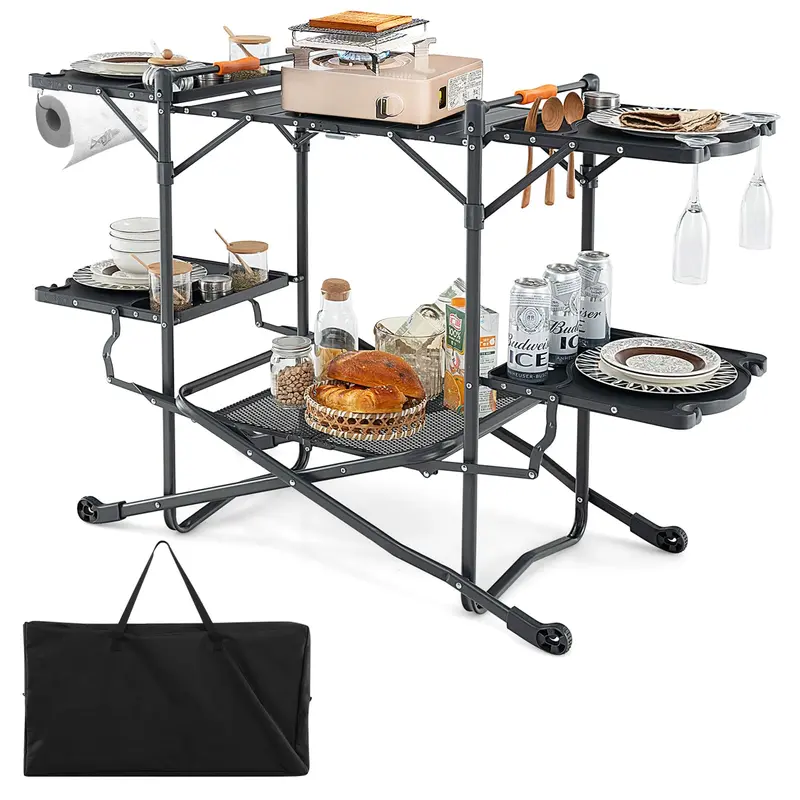 GoPlus Camping-Kochtisch, Outdoor-Grilltisch, zusammenklappbare Camp-Küche mit Aluminium-Arbeitsplatte