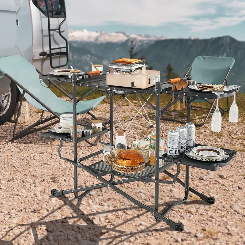 GoPlus Camping-Kochtisch, Outdoor-Grilltisch, zusammenklappbare Camp-Küche mit Aluminium-Arbeitsplatte 2