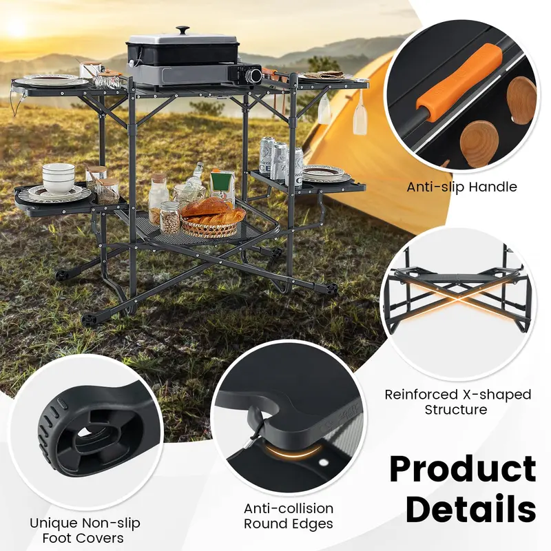 GoPlus Camping-Kochtisch, Outdoor-Grilltisch, zusammenklappbare Camp-Küche mit Aluminium-Arbeitsplatte