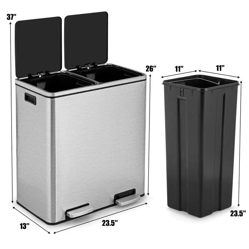 GoPlus-Doppel-Abfalleimer, 60 Liter (2 × 30 L) / 16 Gallonen, Edelstahl-Tretabfalleimer