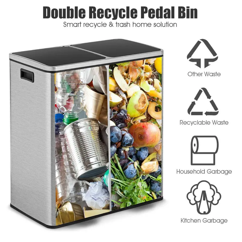 GoPlus-Doppel-Abfalleimer, 60 Liter (2 × 30 L) / 16 Gallonen, Edelstahl-Tretabfalleimer