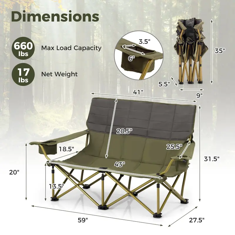 Goplus Doppel-Campingstuhl für Erwachsene, klappbares Outdoor-Loveseat-Campingsofa (2-Personen-Sitz)