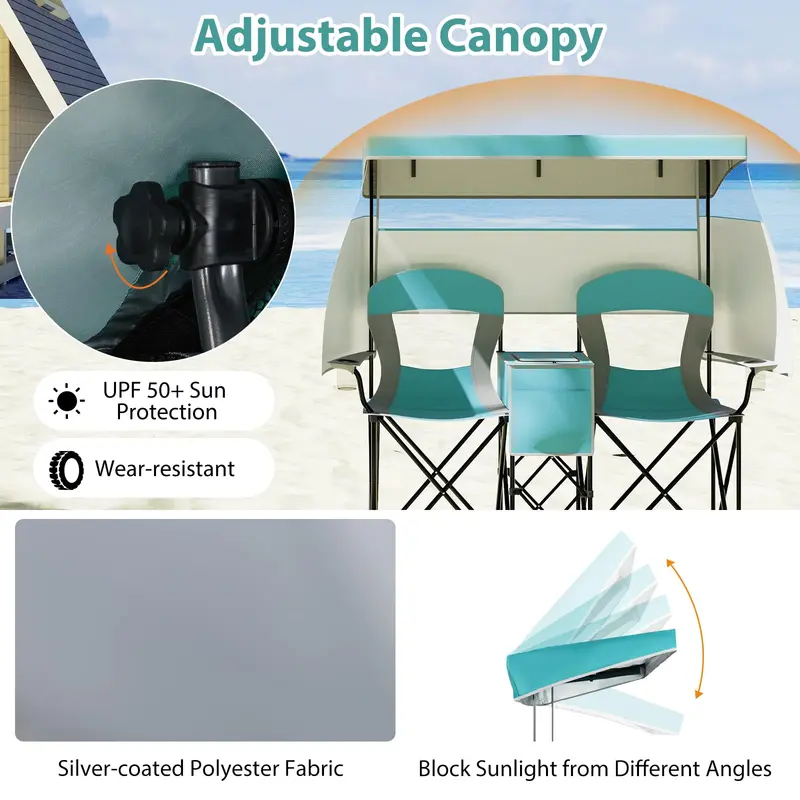 Goplus Doppel-Strandstuhl mit aufrollbarem Sonnenschutz, Kühltasche, Getränkehaltern und Tragetasche 2