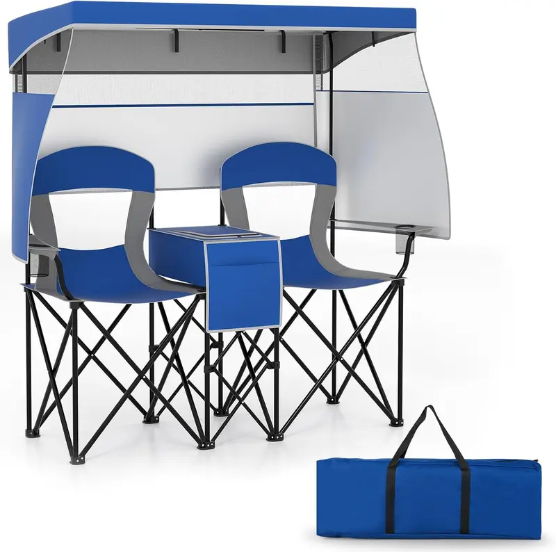 Goplus Doppel-Strandstuhl mit aufrollbarem Sonnenschutz, Kühltasche, Getränkehaltern und Tragetasche