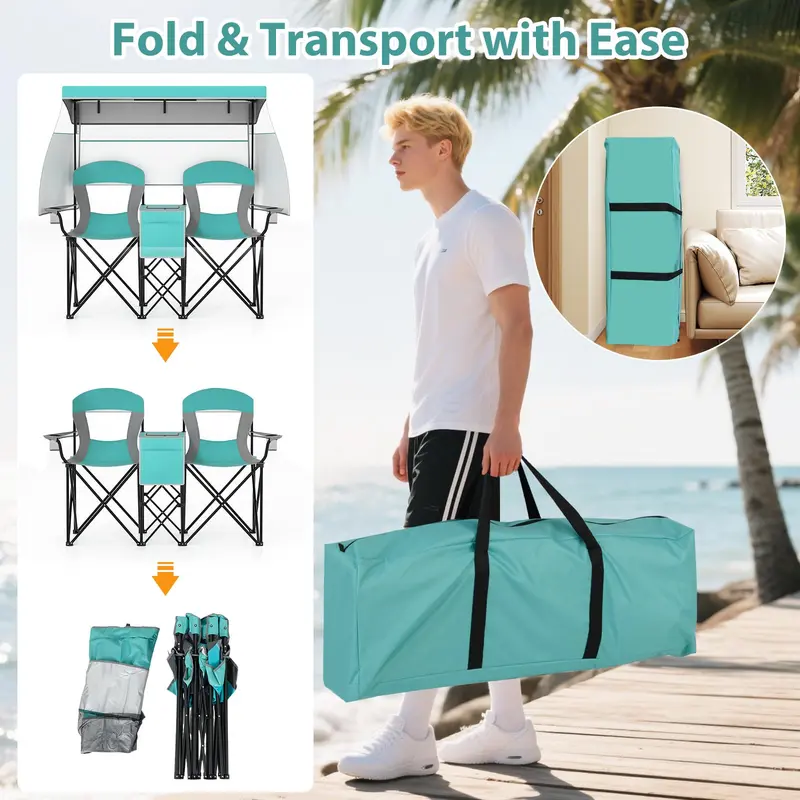 Goplus Doppel-Strandstuhl mit aufrollbarem Sonnenschutz, Kühltasche, Getränkehaltern und Tragetasche