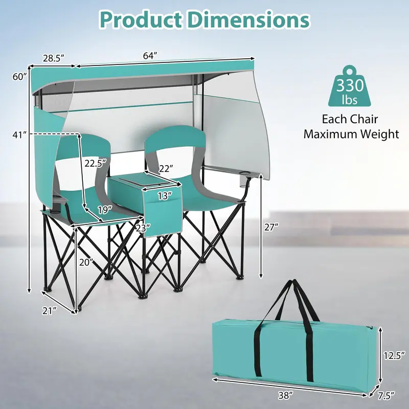 Goplus Doppel-Strandstuhl mit aufrollbarem Sonnenschutz, Kühltasche, Getränkehaltern und Tragetasche