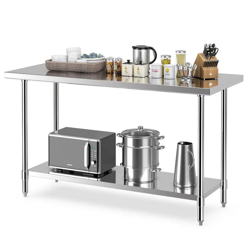 Goplus Edelstahl-Arbeitstisch, 60 x 24 Zoll (ca. 152 x 61 cm), Küchen-Arbeits- und Zubereitungstisch mit verstellbarem Unterschrank und höhenverstellbaren Füßen