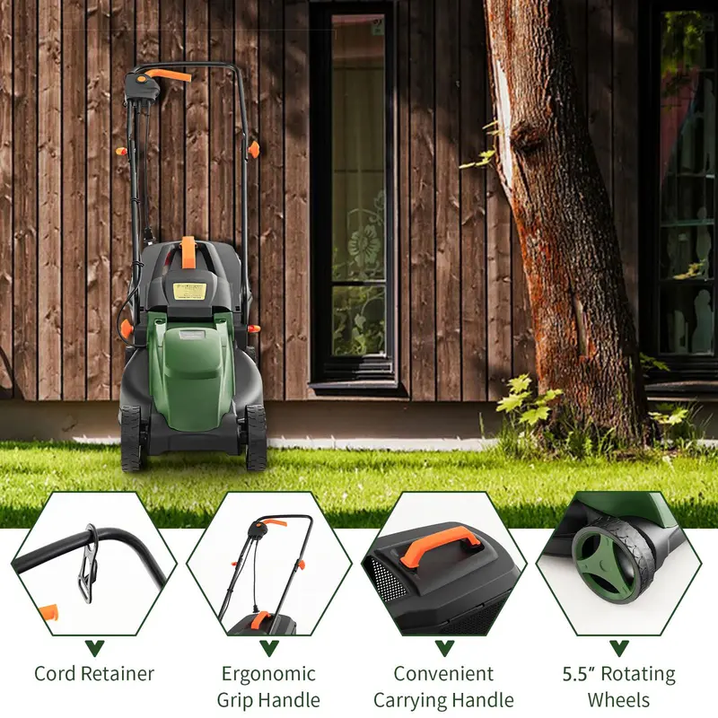 GoPlus Elektrischer Rasenmäher, 2-in-1-Vielseitiger Netzmäher mit 12-A-Motor und 35,6-cm-Schneidbreite