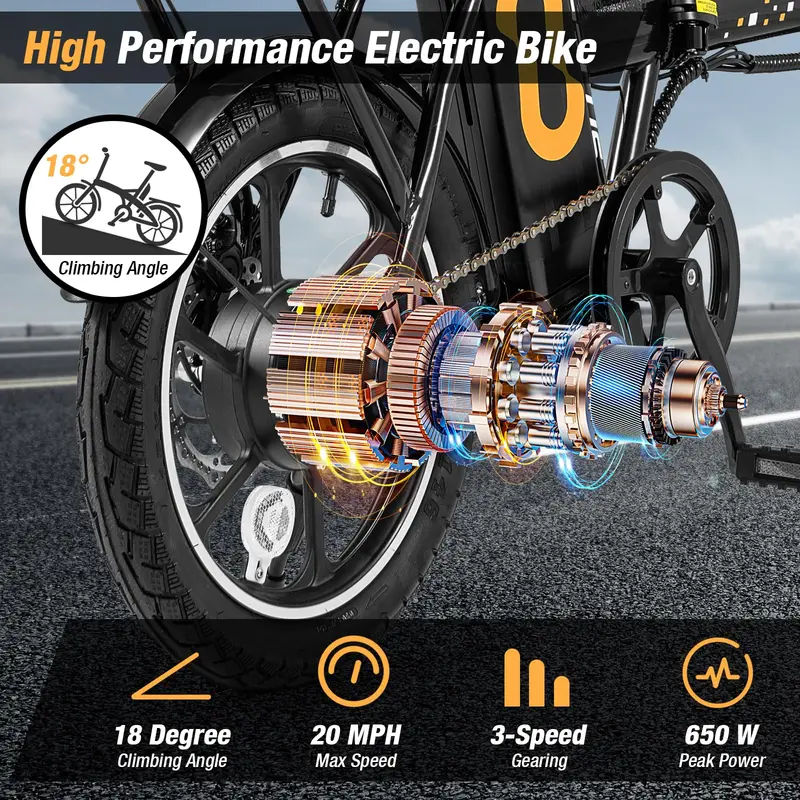 GoPlus Elektrofahrrad für Erwachsene, 16" klappbares E-Bike mit Pedalen, 650 W brushless-Motor, 42 V / 10,4 Ah austauschbare Batterie