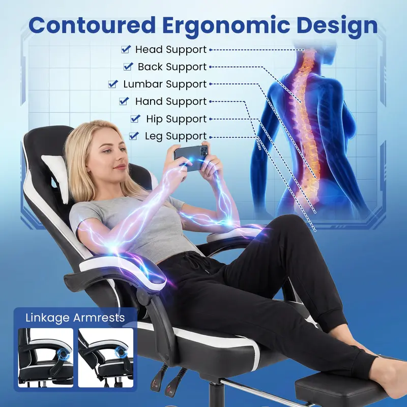 Goplus ergonomischer Computersessel mit Fußstütze, Lendenwirbelstütze und gekoppelten Armlehnen