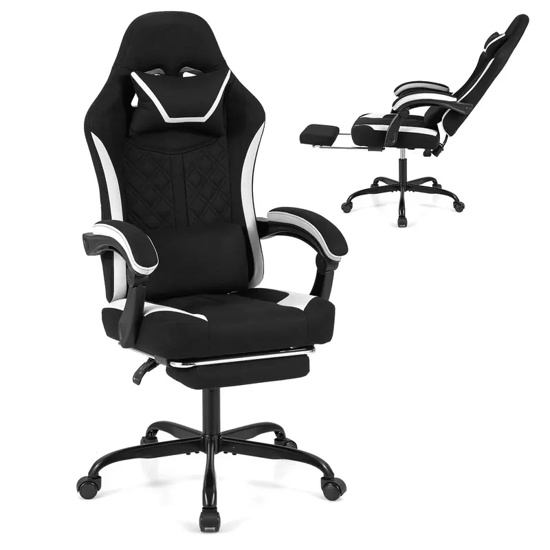 Goplus ergonomischer Gaming-Stuhl mit Fußstütze, Lendenwirbelstütze und verbindbaren Armlehnen