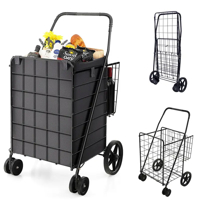 GoPlus-Faltbarer Einkaufswagen für Lebensmittel – Tragfähigkeit bis 150 kg, 360-Grad-Schwenkräder und Doppelkorb