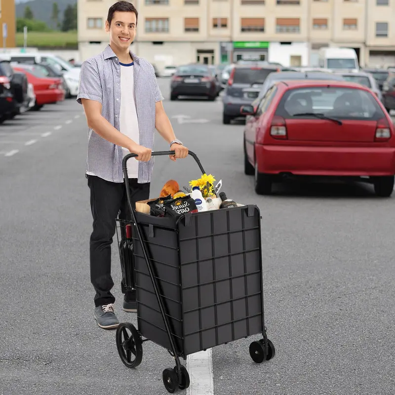 GoPlus-Faltbarer Einkaufswagen für Lebensmittel – Tragfähigkeit bis 150 kg, 360-Grad-Schwenkräder und Doppelkorb 2