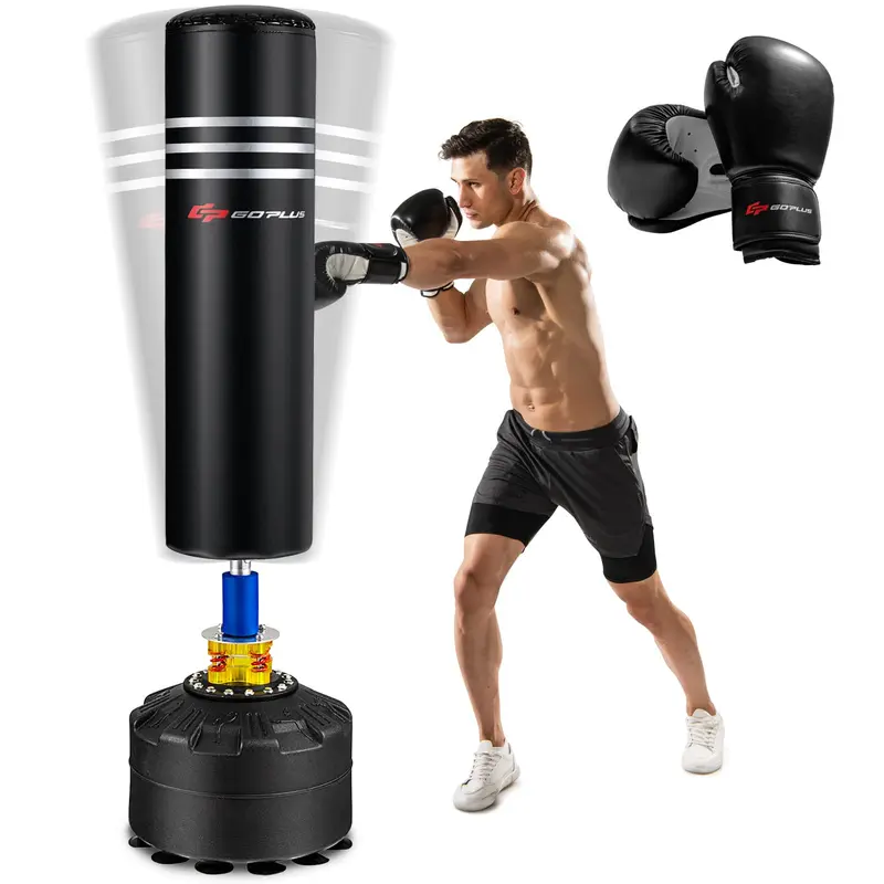 Goplus Freistehender Boxsack, 178 cm, 100 kg schwerer Boxsack mit Handschuhen, Stoßdämpfer und 12 Saugnäpfen für die Basis