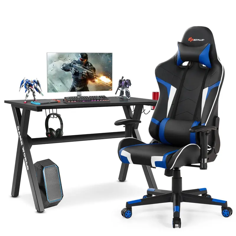 GoPlus-Gaming-Schreibtisch- und -Stuhl-Set im Rennstil mit X-förmigem Gestell – für E-Sport-Gamer: Schreibtisch und PVC-Computersessel