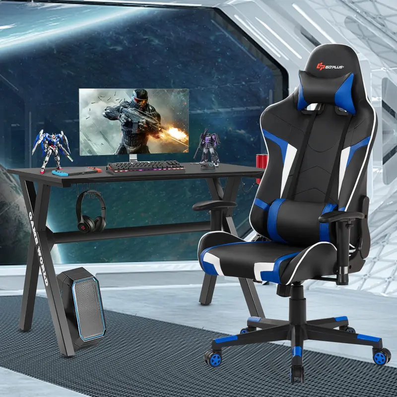 GoPlus-Gaming-Schreibtisch- und -Stuhl-Set im Rennstil mit X-förmigem Gestell – für E-Sport-Gamer: Schreibtisch und PVC-Computersessel 2