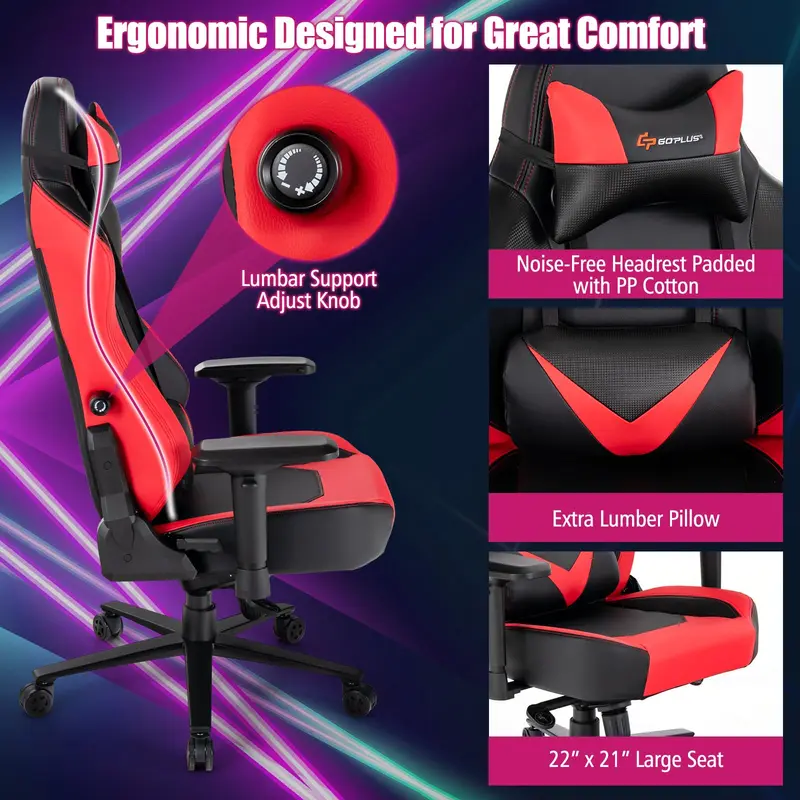 Goplus Gaming-Stuhl, 360°-Drehstuhl für Computer mit Rollen, mehrfach verstellbarer Rückenlehne, Zugkraftregler und 4D-Armlehnen