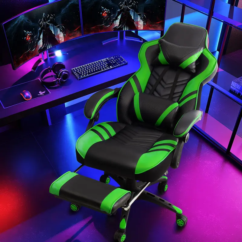 Goplus Gaming-Stuhl, Computersessel mit Fußstütze und Lendenwirbelstütze