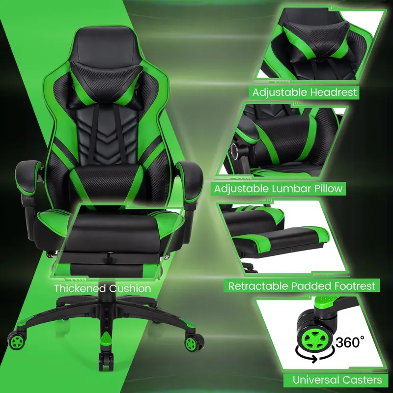 Goplus Gaming-Stuhl, Computersessel mit Fußstütze und Lendenwirbelstütze