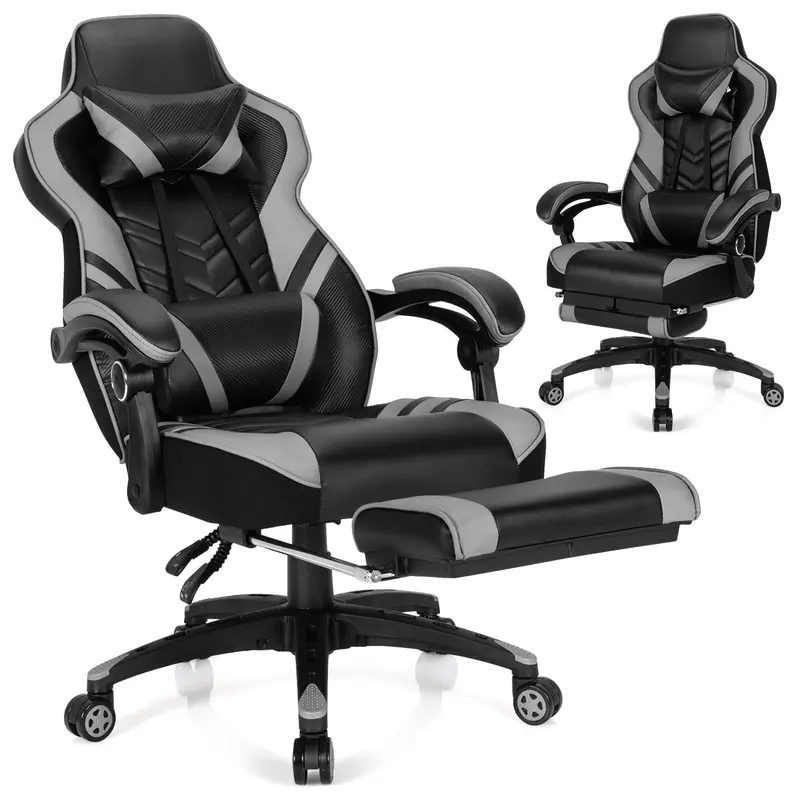 Goplus Gaming-Stuhl, Computersessel mit Fußstütze und Lendenwirbelstütze