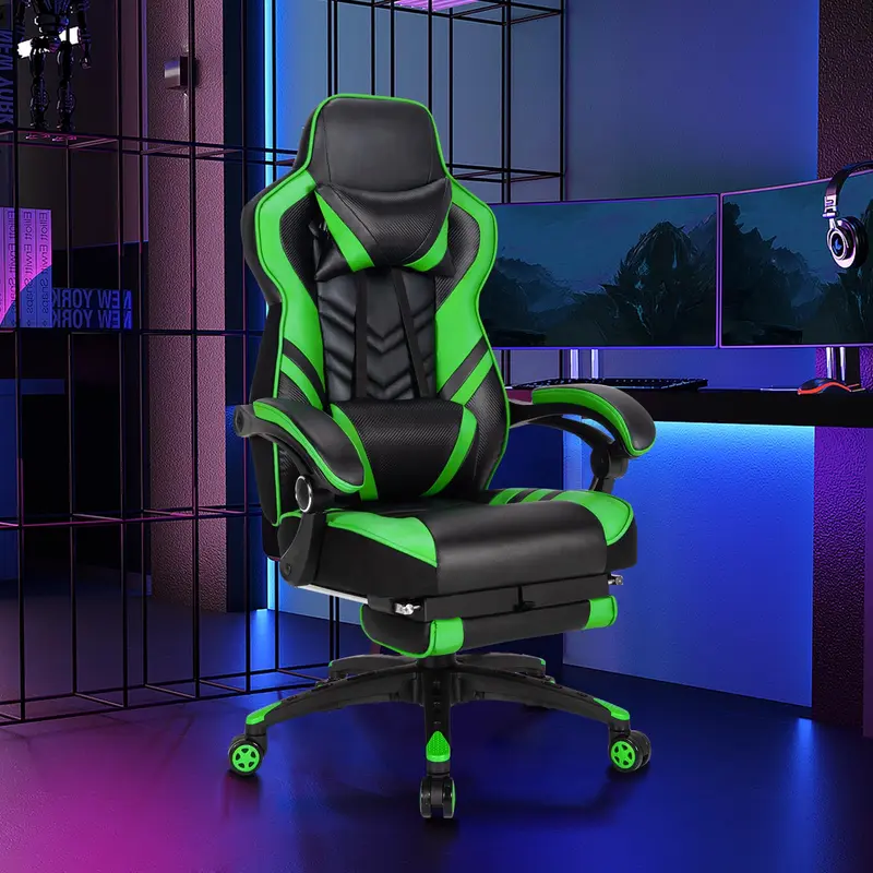 Goplus Gaming-Stuhl, Computersessel mit Fußstütze und Lendenwirbelstütze