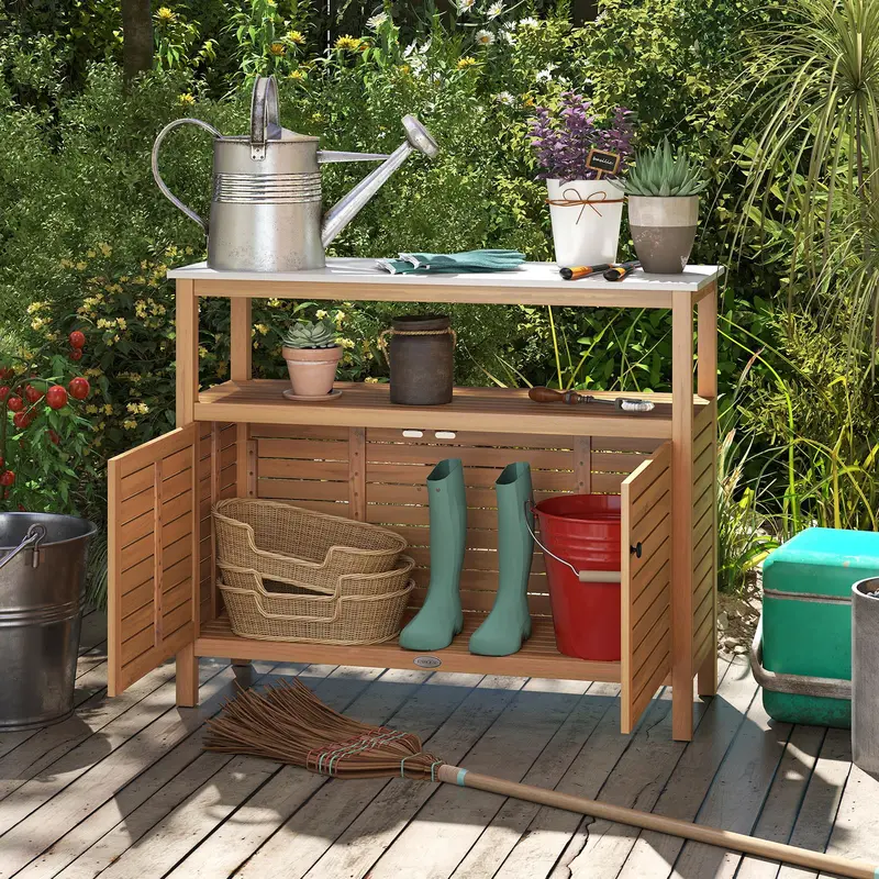 Goplus Garten-Arbeitsbank mit 2-türigem Aufbewahrungsschrank und Tischplatte aus Kunst-Marmor 2