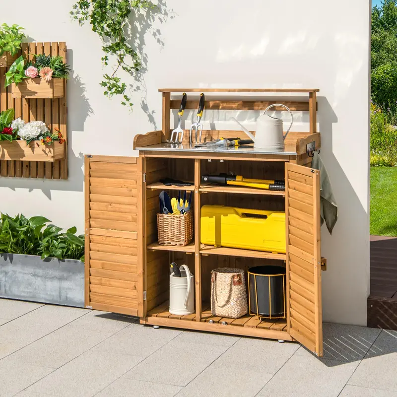 Goplus Garten-Arbeitstisch im Freien, Pflanzbank mit Stauraumschrank und verzinkter Metallplatte 2