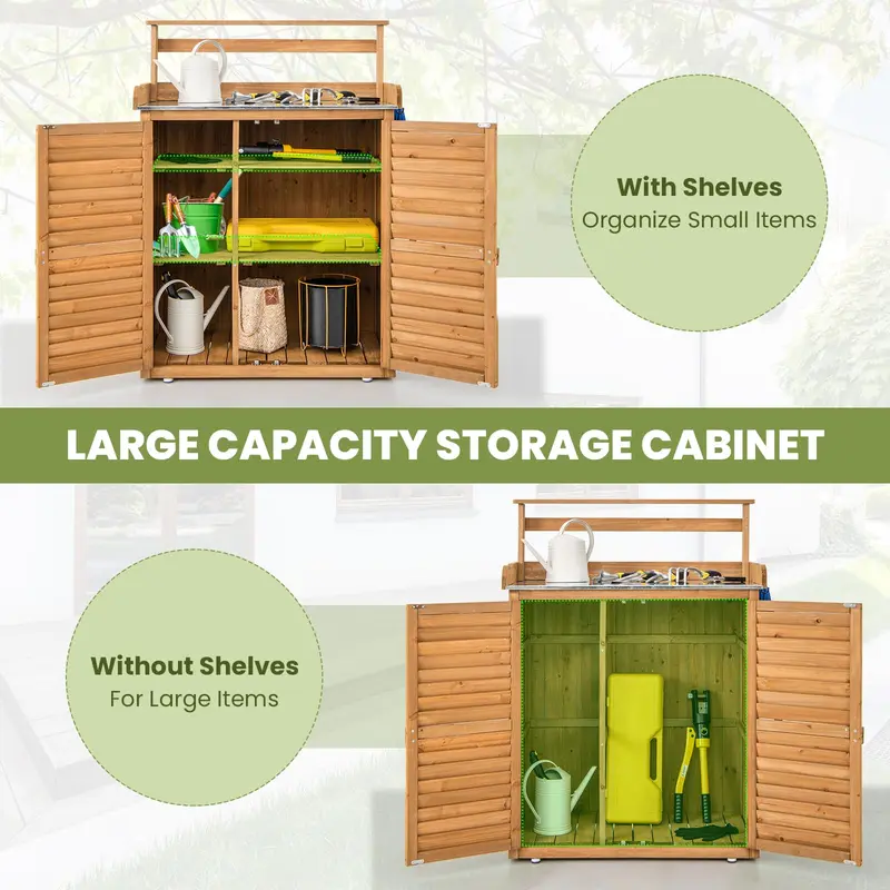 Goplus Garten-Arbeitstisch im Freien, Pflanzbank mit Stauraumschrank und verzinkter Metallplatte