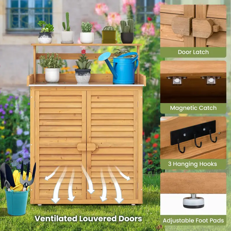 Goplus Garten-Arbeitstisch im Freien, Pflanzbank mit Stauraumschrank und verzinkter Metallplatte