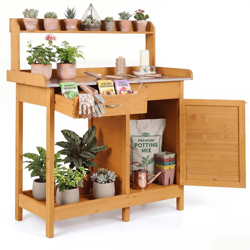 Goplus Garten-Umtopf-Tisch mit Edelstahl-Arbeitsplatte für Garten, Terrasse und Rasen