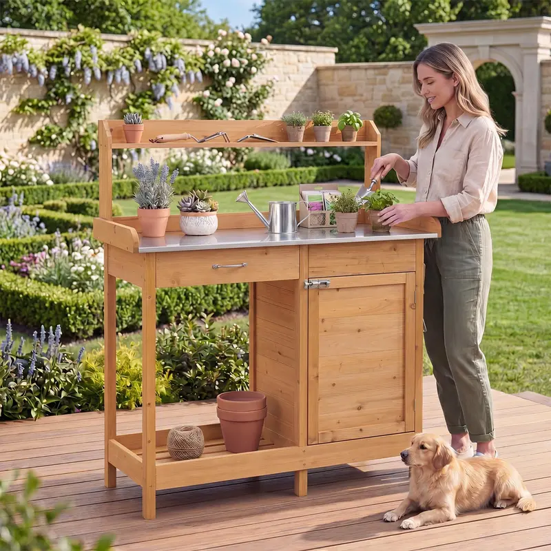 Goplus Garten-Umtopf-Tisch mit Edelstahl-Arbeitsplatte für Garten, Terrasse und Rasen 2