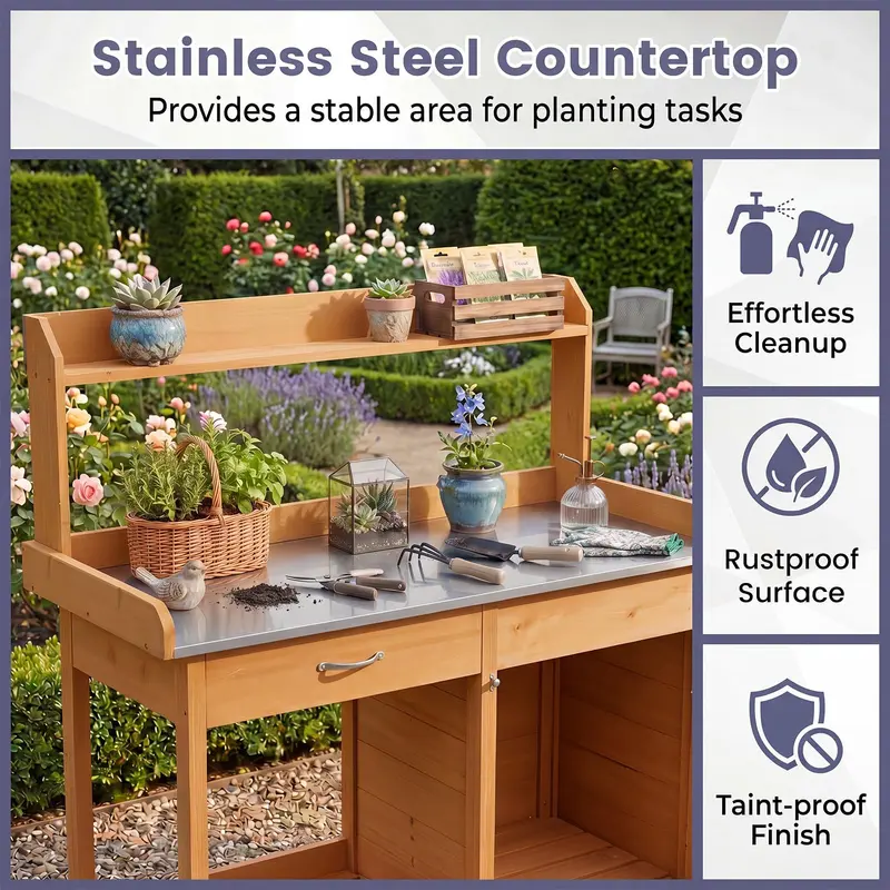 Goplus Garten-Umtopf-Tisch mit Edelstahl-Arbeitsplatte für Garten, Terrasse und Rasen