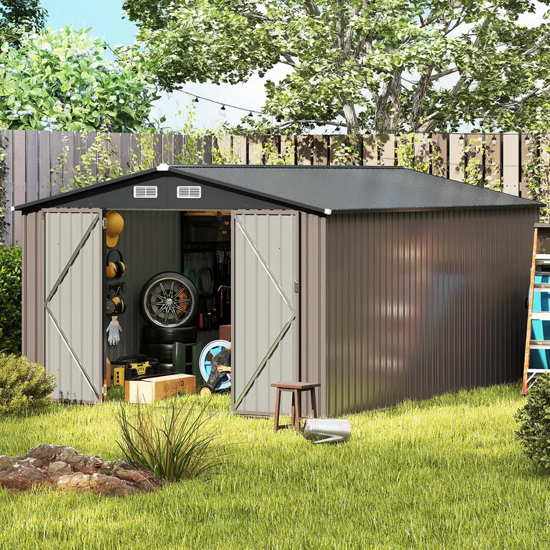 Goplus-Gartenabstellraum aus Metall, 10 × 14 Fuß, mit verbessertem windfestem Metallgestell