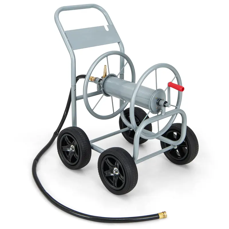 GoPlus-Gartenschlauchaufroller auf Rollwagen, robustes Bewässerungsfahrzeug mit rutschfestem Kurbelgriff und vier stabilen Rädern