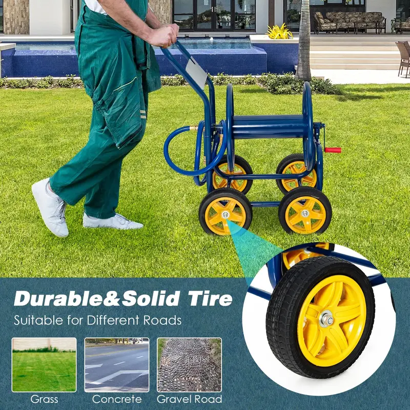 GoPlus-Gartenschlauchaufroller auf Rollwagen, robustes Bewässerungsfahrzeug mit rutschfestem Kurbelgriff und vier stabilen Rädern