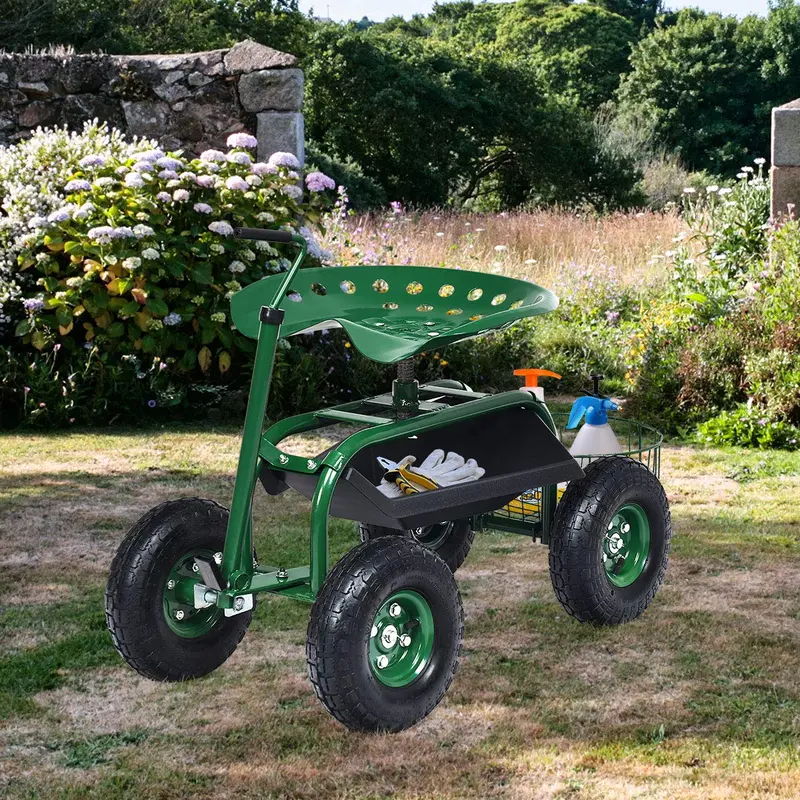 GoPlus Gartenwagen mit Arbeitssitz und Rädern, rollender Arbeitssitz mit Werkzeugablage und Korb, höhenverstellbarer Haken-Griff 2