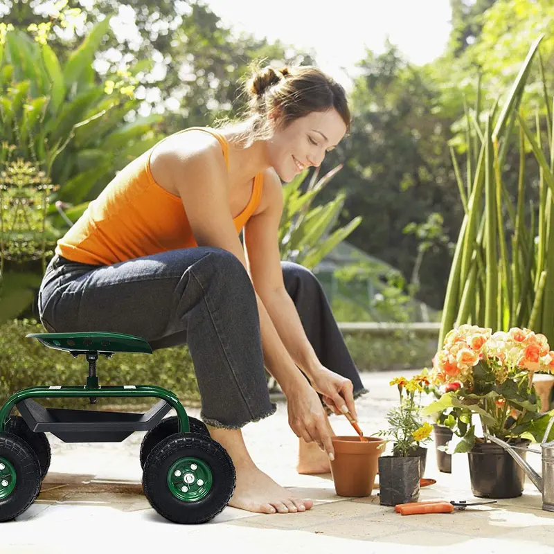 GoPlus Gartenwagen mit Arbeitssitz und Rädern, rollender Arbeitssitz mit Werkzeugablage und Korb, höhenverstellbarer Haken-Griff