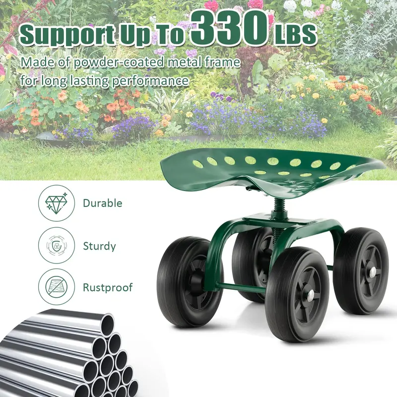 Goplus Gartenwagen mit Rädern, Multifunktions-Hockerwagen mit verstellbarem 360-Grad-Dreh-Sitz